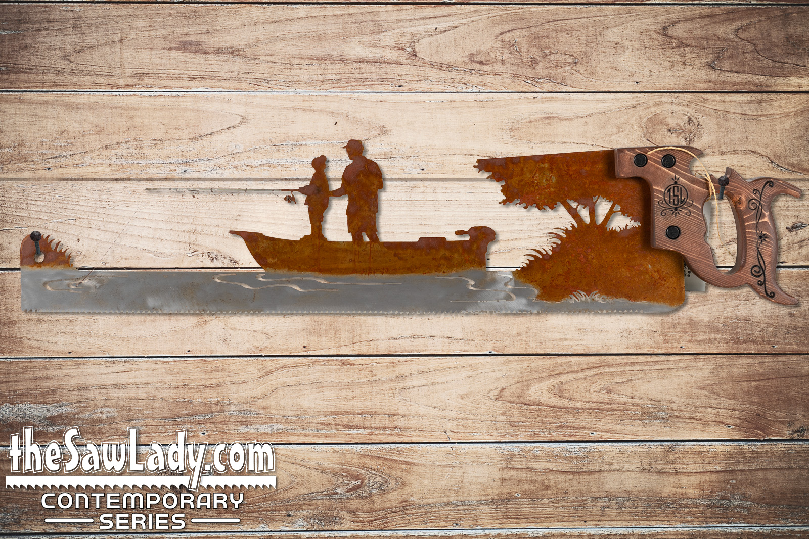 Pops and the Boy in Fishing Boat - Metal Saw Wall Art Gift for