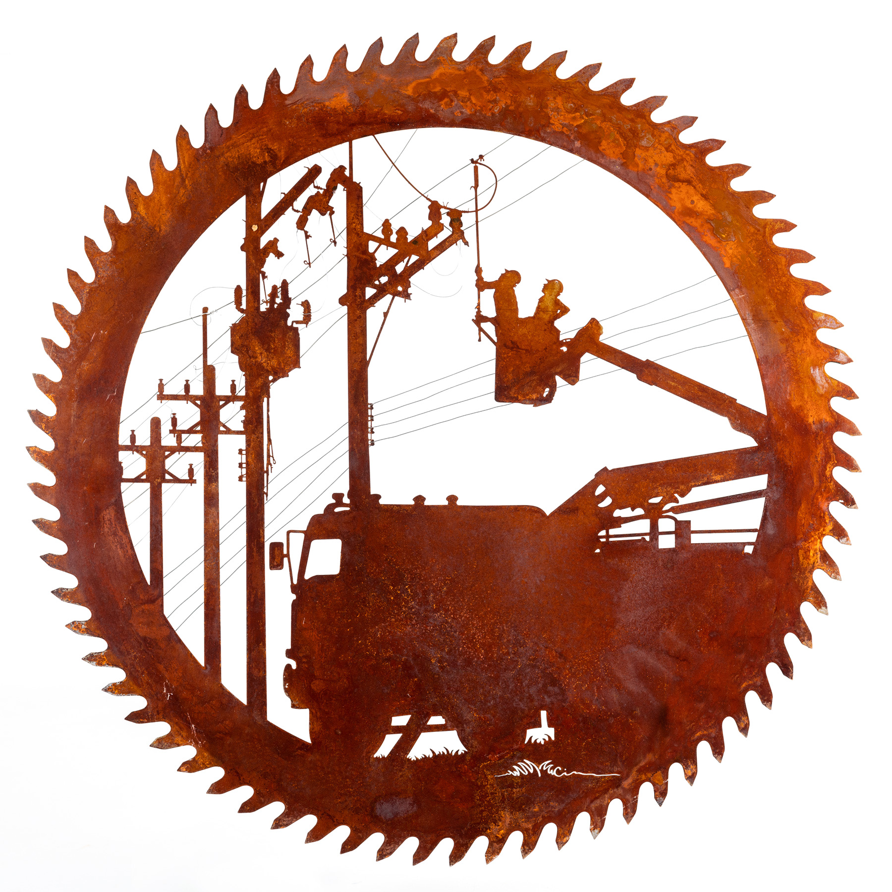 Handcrafted Lineman Working 22″ Round Saw Art: Unique Gift for Workers & Home Decor