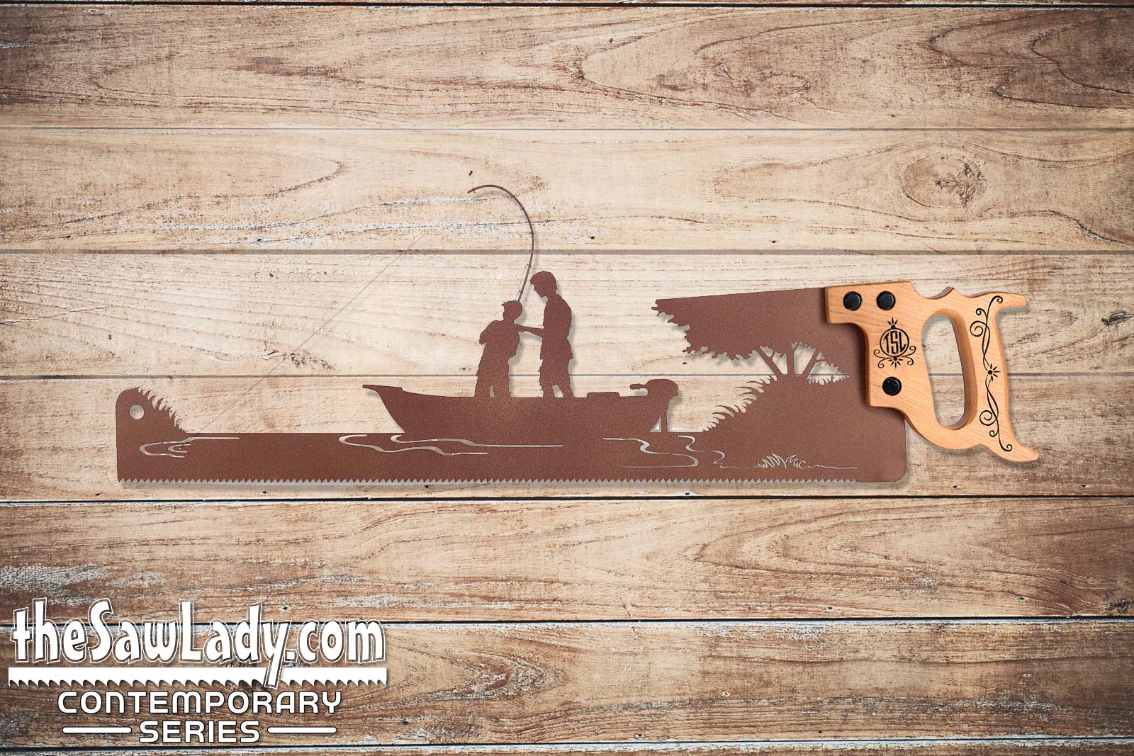 Father and Son in Fishing Boat - Metal Saw Wall Art Gift for Fishermen V2 - Image 3