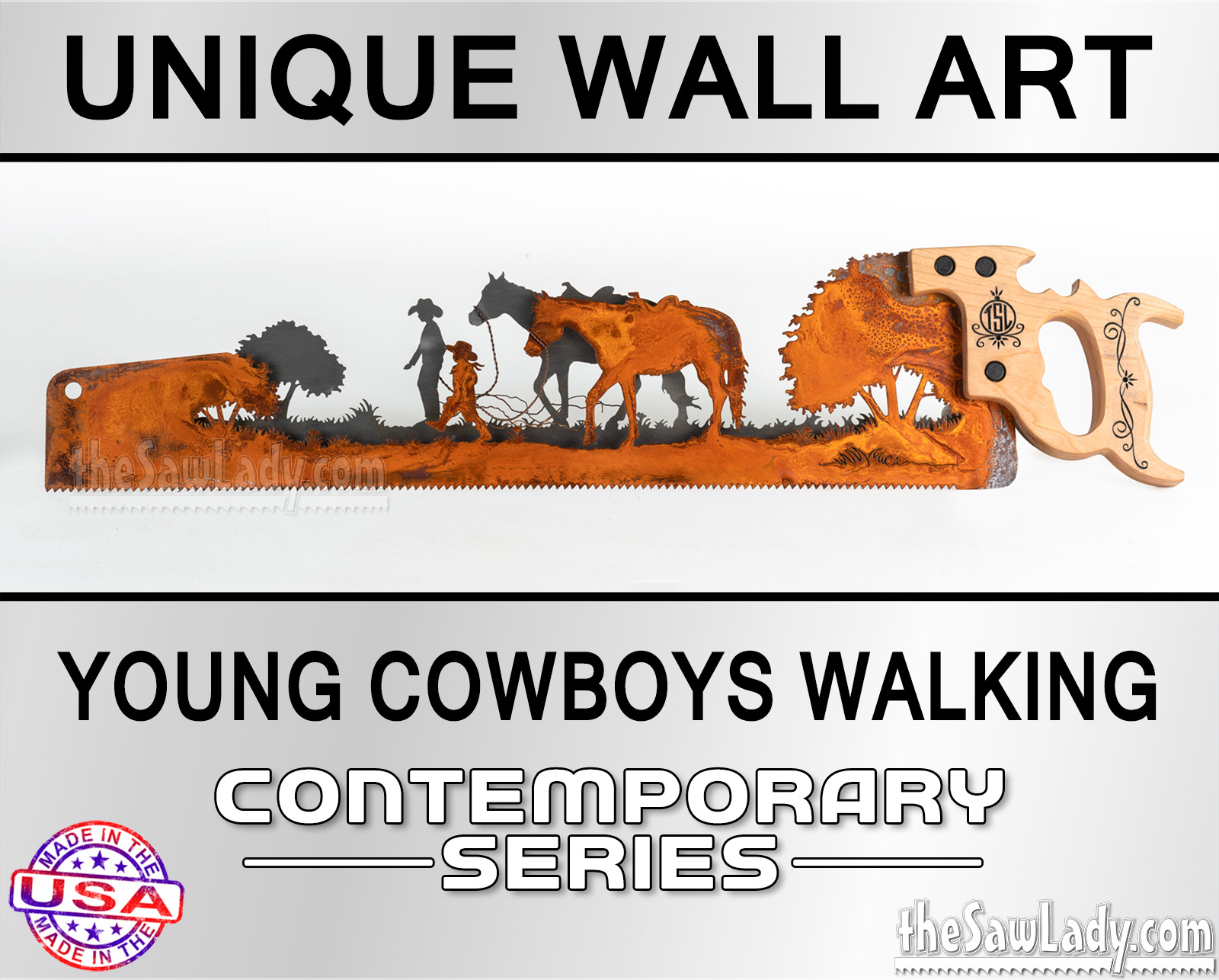 Young boys walking horses metal wall art saw