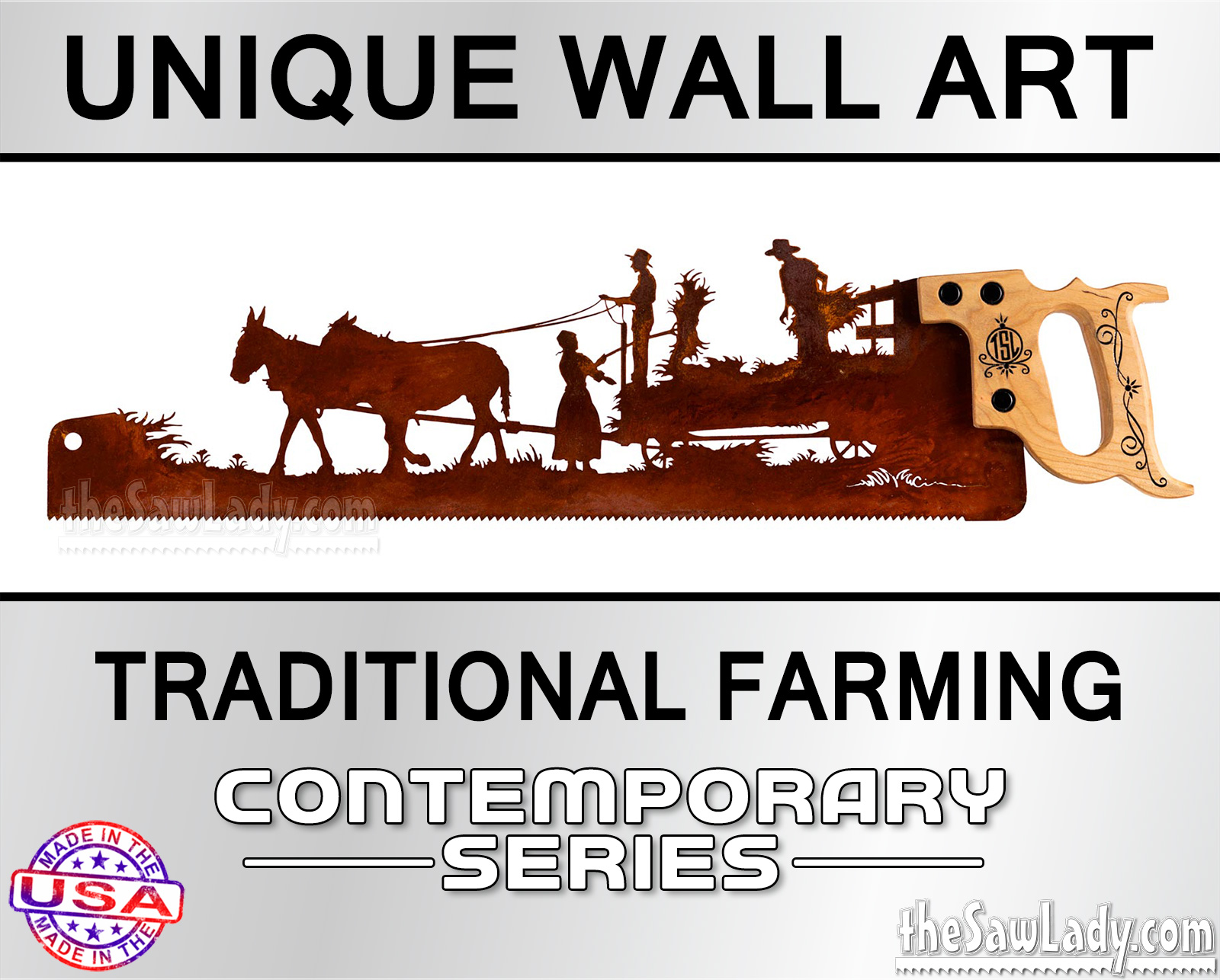 Traditional farming scene wall art saw