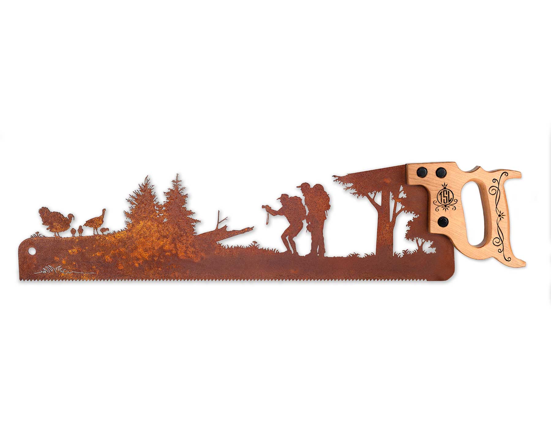 Couple Hiking with Turkeys – Metal Saw Wall Art Gift for Nature Lovers