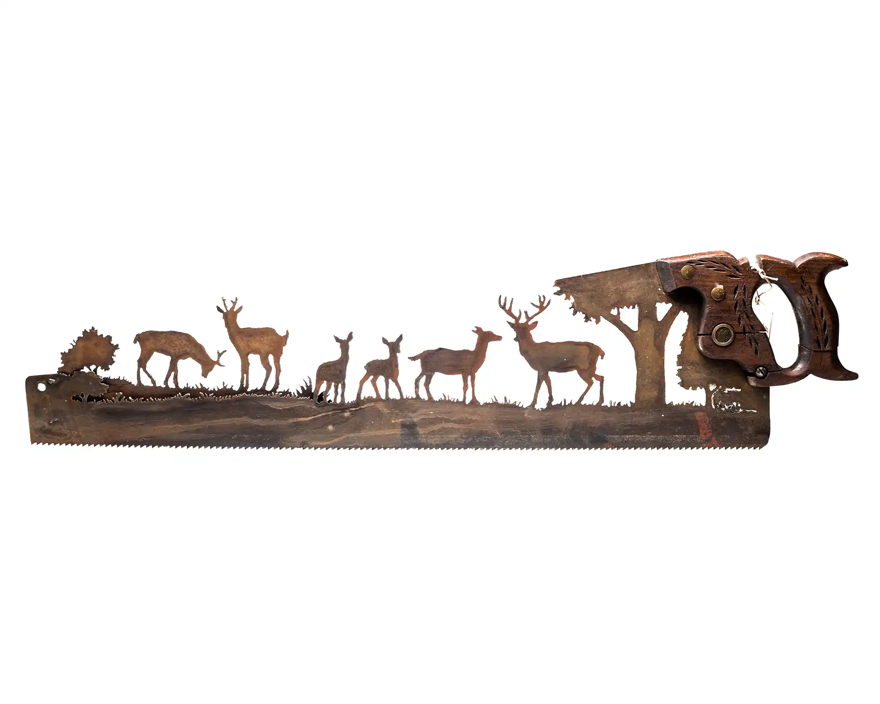 Vintage Custom Deer Family Hand-Cut Saw Wall Art – Personalized Rustic Decor