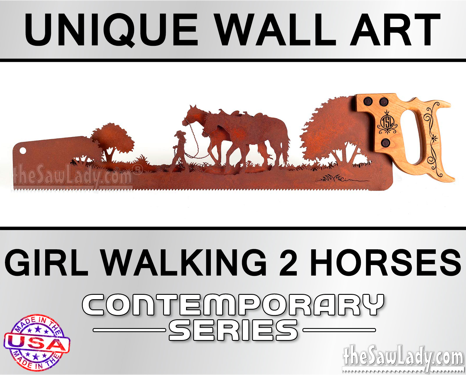 Young Cowgirl Walking 2 Horses - Metal Saw Wall Art Gift for Western ...