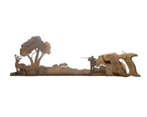 Vintage saw art showing deer hunter aiming at buck in woodland scene