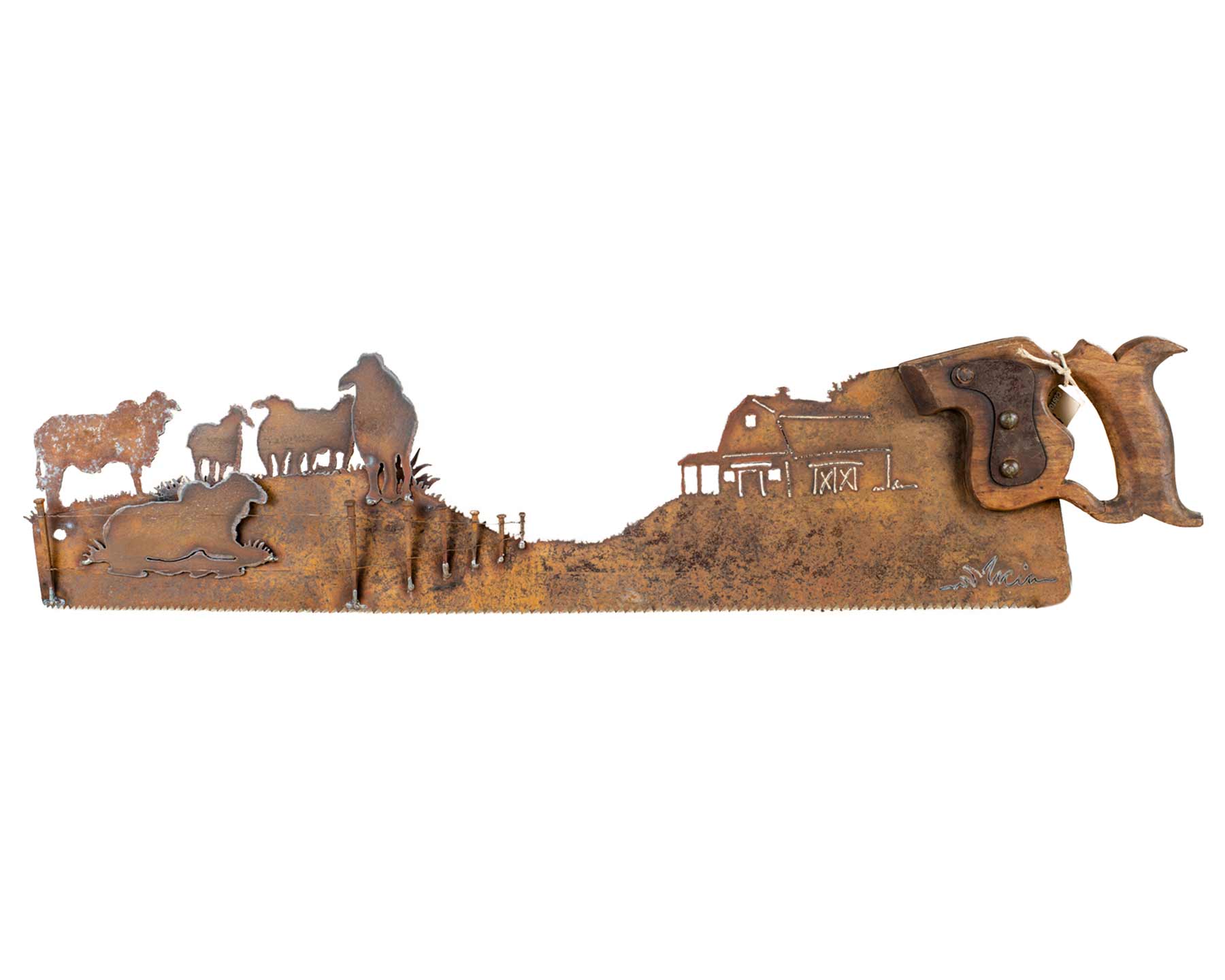 Vintage Brahman Bulls Hand Saw Art – Hand Cut Rustic Ranch Wall Decor