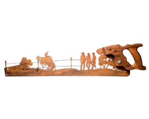 Vintage bronco busting hand cut metal hand saw wall art with natural patina rustic Western decor