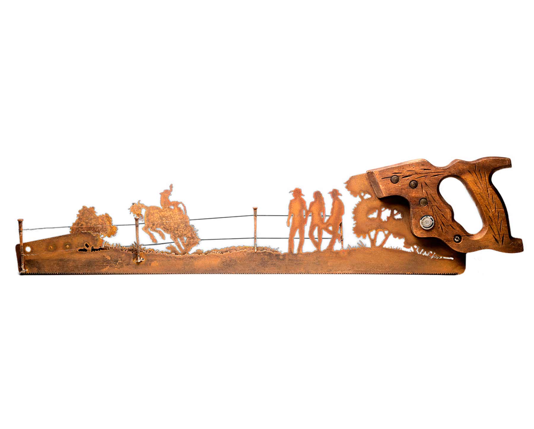 Vintage Bronco Busting Hand Saw Art – Hand Cut Rustic Western Wall Decor