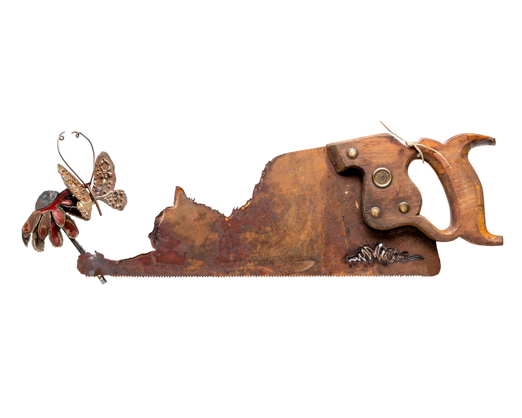 Vintage Cat and Butterfly Hand Saw Art – Hand Cut Rustic Metal Wall Decor