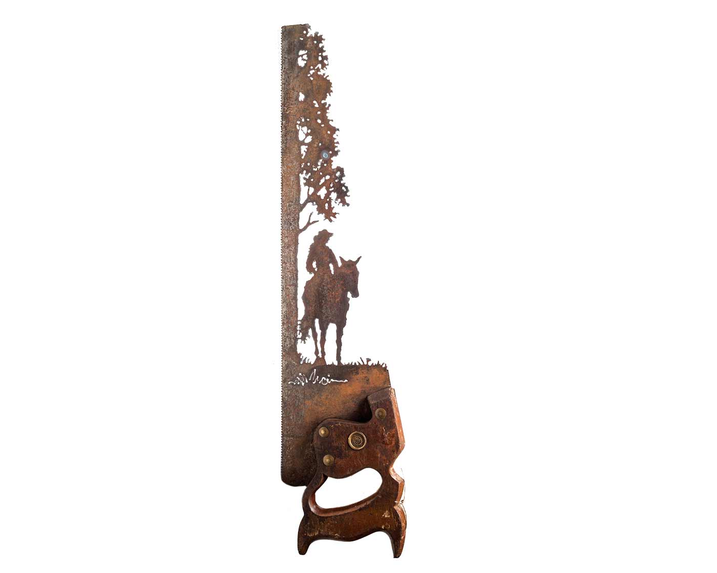 Vintage Cowgirl Riding Her Horse Hand-Cut Saw Wall Art – Rustic Western Decor vintage-cowgirl-horse-by-tree-gift-cabin-metal-wall-art