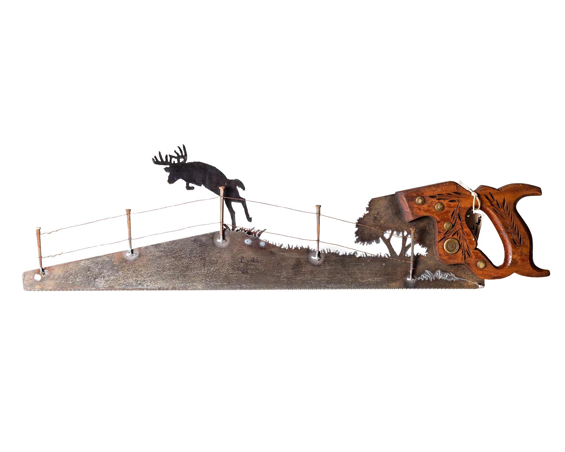 Vintage Deer Leaping Fence Hand Saw Art – Hand Cut Rustic Wildlife Wall Decor