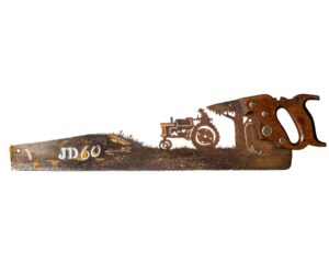 Vintage John Deere 60 tractor hand cut metal hand saw wall art with natural patina rustic farm decor