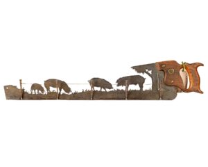 Vintage pigs and fence hand cut metal hand saw wall art with natural patina rustic farm decor