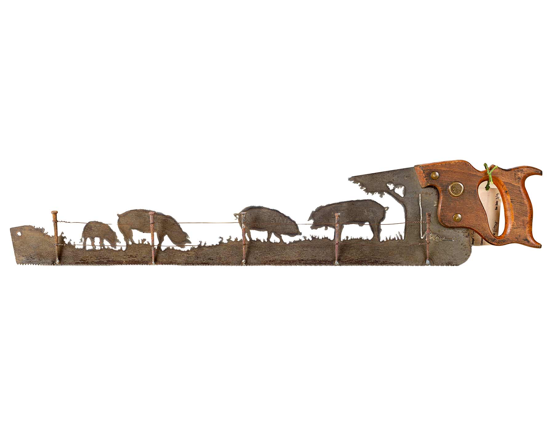 Vintage Pigs and Fence Hand Saw Art – Hand Cut Rustic Farm Wall Decor
