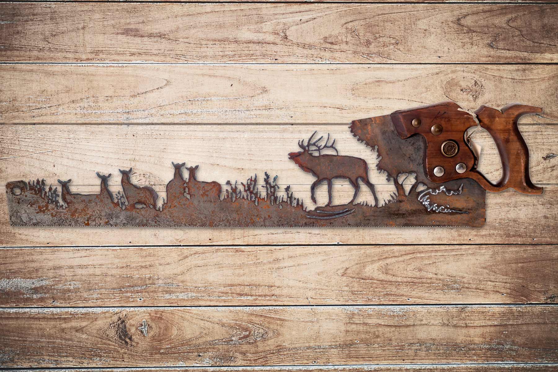 Vintage Elk Herd Hand-Cut Saw Wall Art – Rustic Wildlife Decor