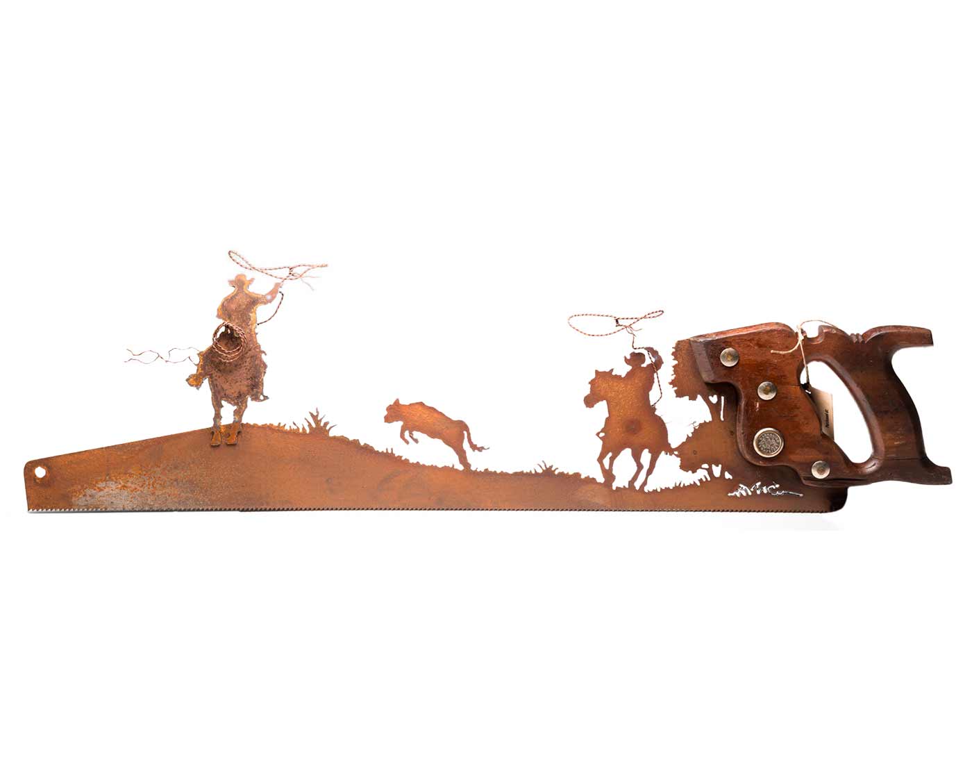 Vintage Team Roping Hand-Cut Saw Wall Art – Rustic Western Decor vintage-reclaimed-team-roping-calf-gift-cabin-metal-wall-art