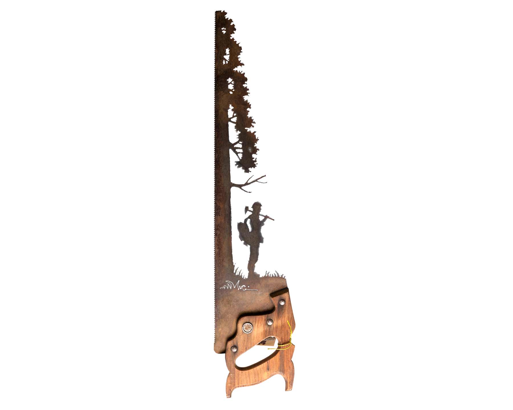 Vintage antique handsaw wall art featuring a wildland firefighter standing beside a tree, rustic firefighter gift and fire service decor.