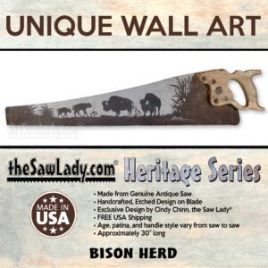 Heritage Series – Bison Family on the Plains – Etched Vintage Saw Art | Rustic Farmhouse Wall Decor