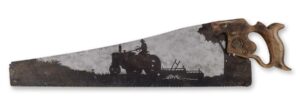 Heritage Series – Farmer on a Tractor with a Plow – Etched Vintage Saw Art | Rustic Farmhouse Wall Decor