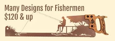 Metal saw art featuring fishing and outdoor scenes