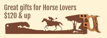 Western themed saw art with cowboys, cowgirls, and horse designs