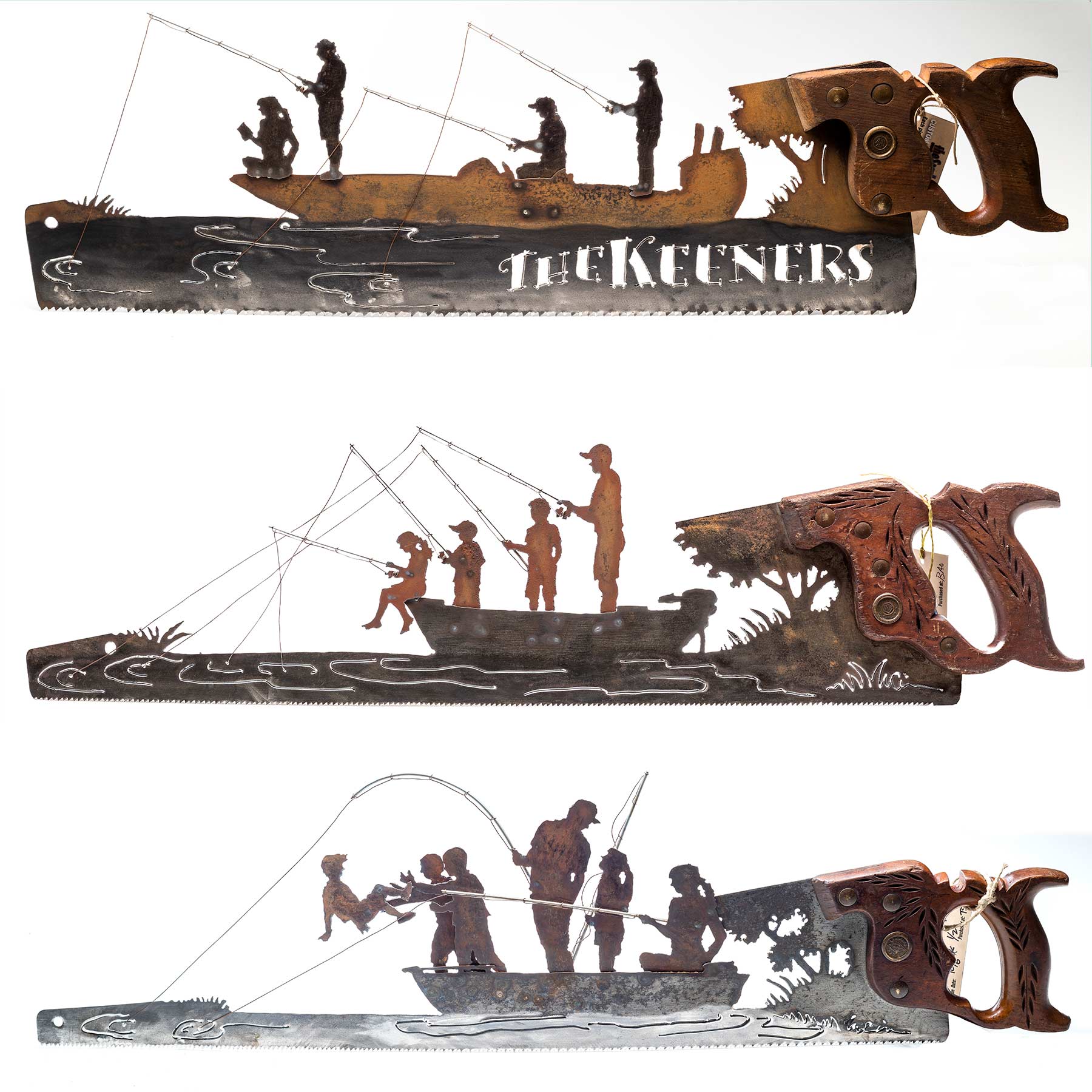 Custom fishing boat hand cut metal hand saw wall art with natural patina personalized fishing decor