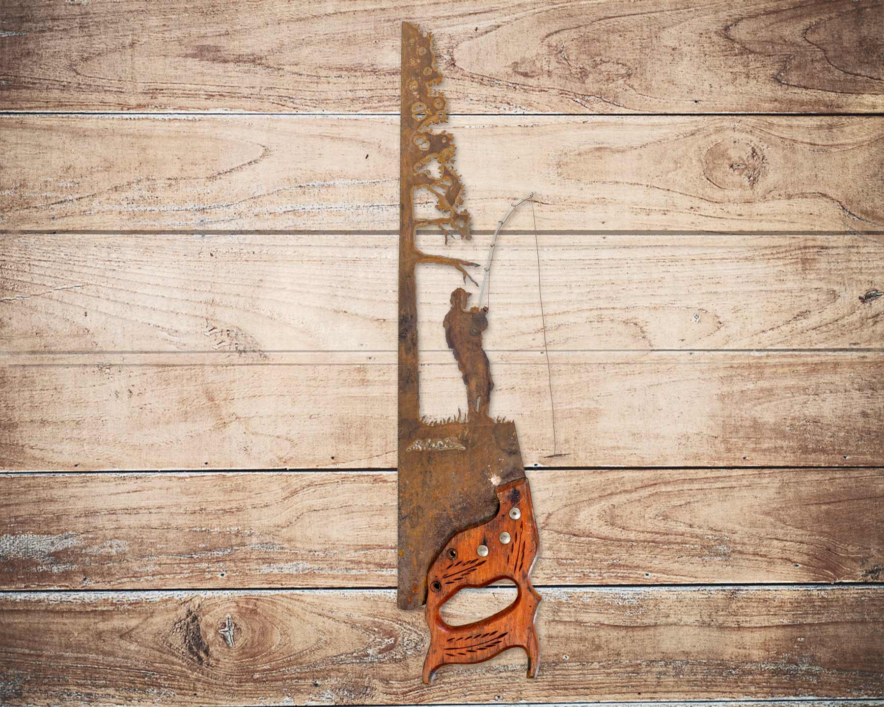Fisherman by the Tree Saw Art, Vintage Fishing Gift on Antique Handsaw - Image 2