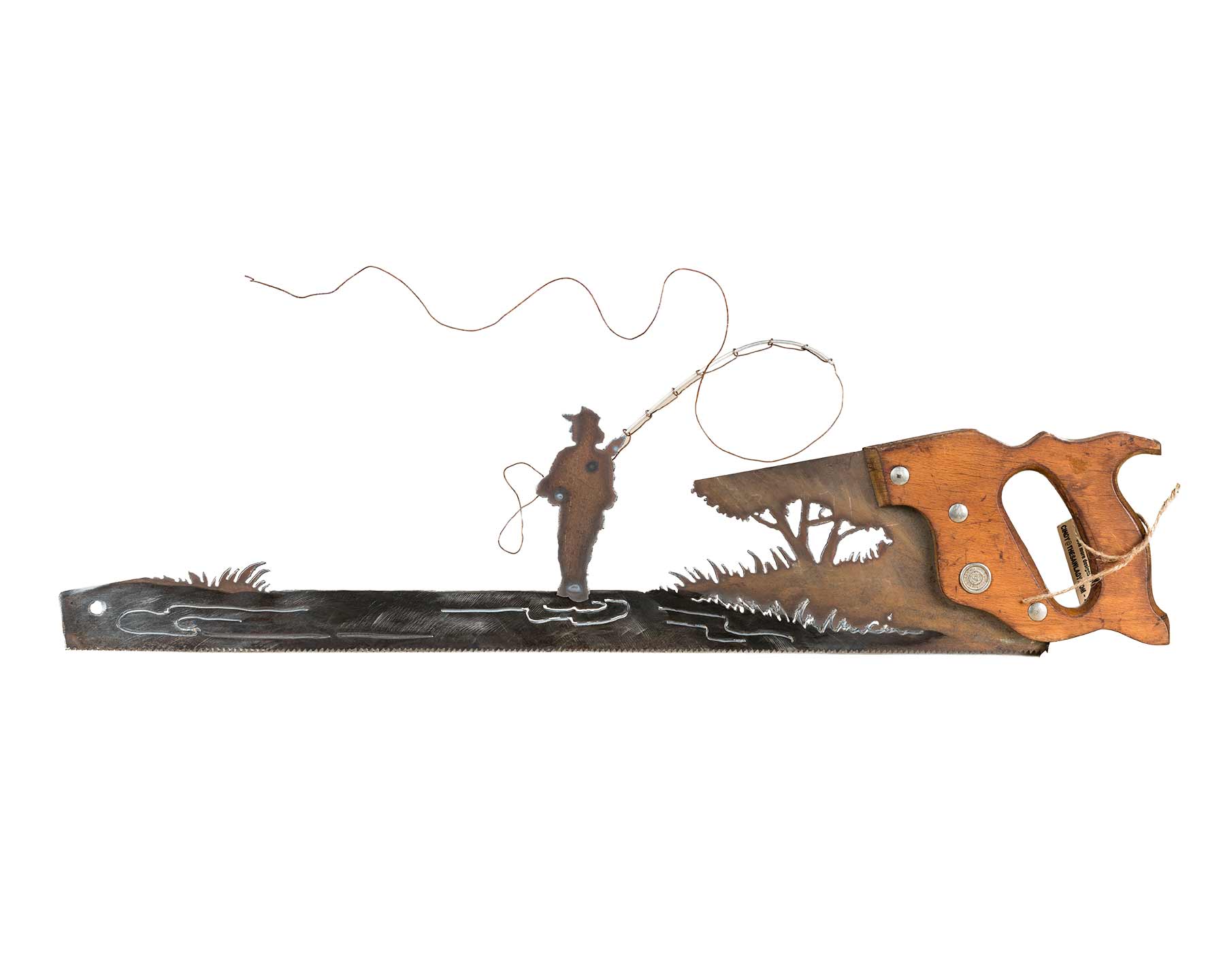 Fly Fisherman Saw Art, Vintage Fishing Gift on Antique Handsaw