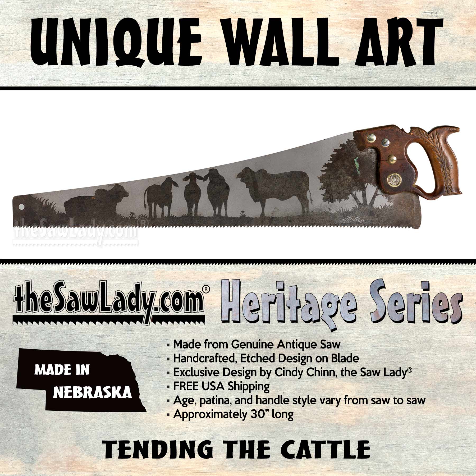Brahman cattle saw art on vintage handsaw with rustic ranch field scene gift