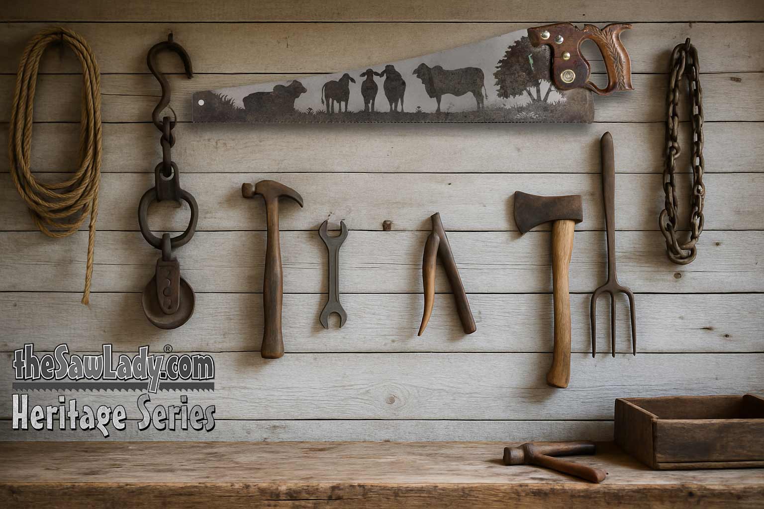 Brahman cattle saw art on vintage handsaw with rustic ranch field scene gift