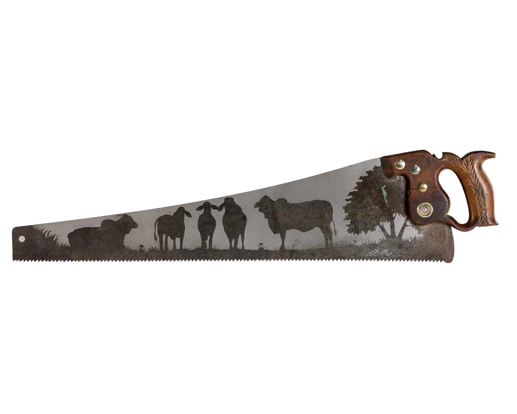 Brahman cattle saw art on vintage handsaw with rustic ranch field scene gift