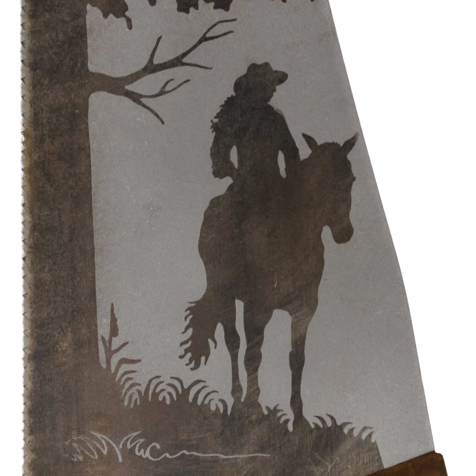 Cowgirl on horse saw art on vintage handsaw with rustic tree scene