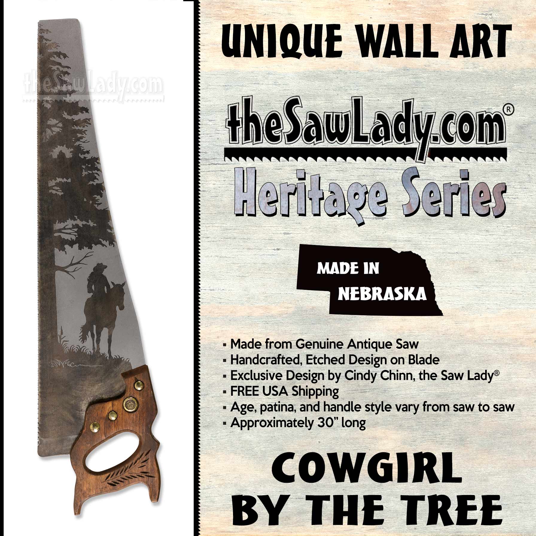 Cowgirl on horse saw art on vintage handsaw with rustic tree scene