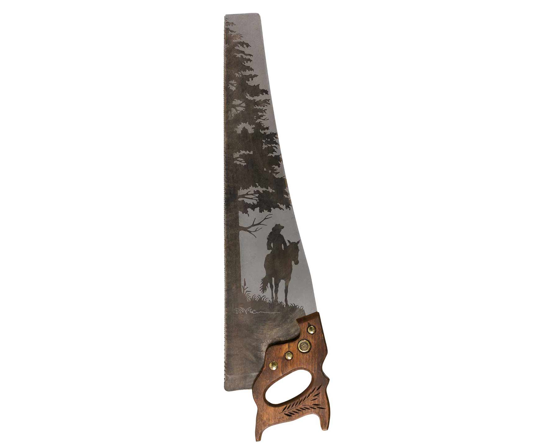 Cowgirl on horse saw art on vintage handsaw with rustic tree scene