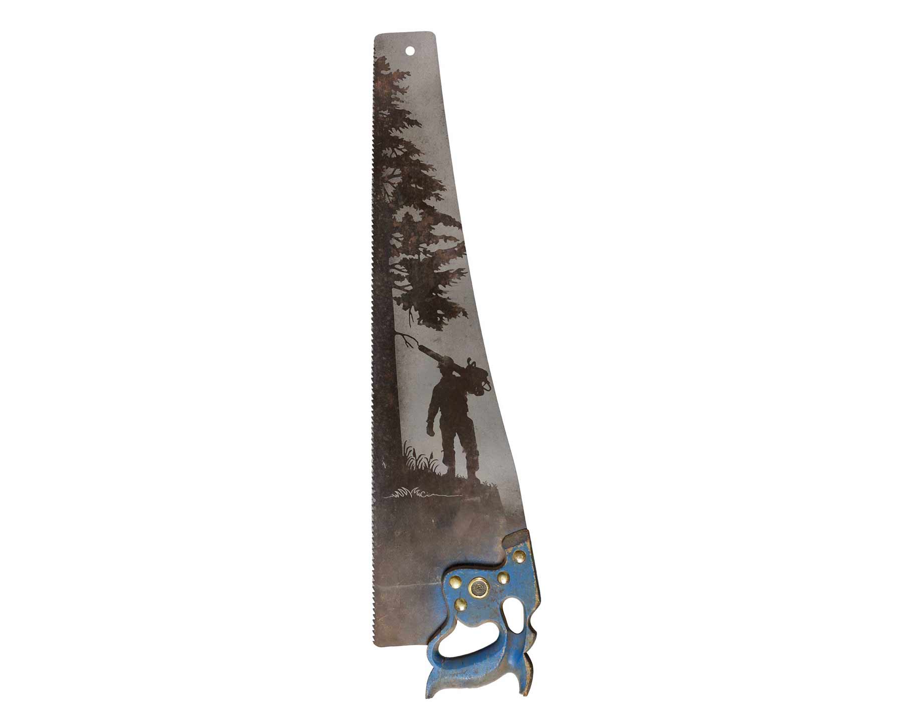 Logger with chainsaw saw art on vintage handsaw with rustic forest scene gift