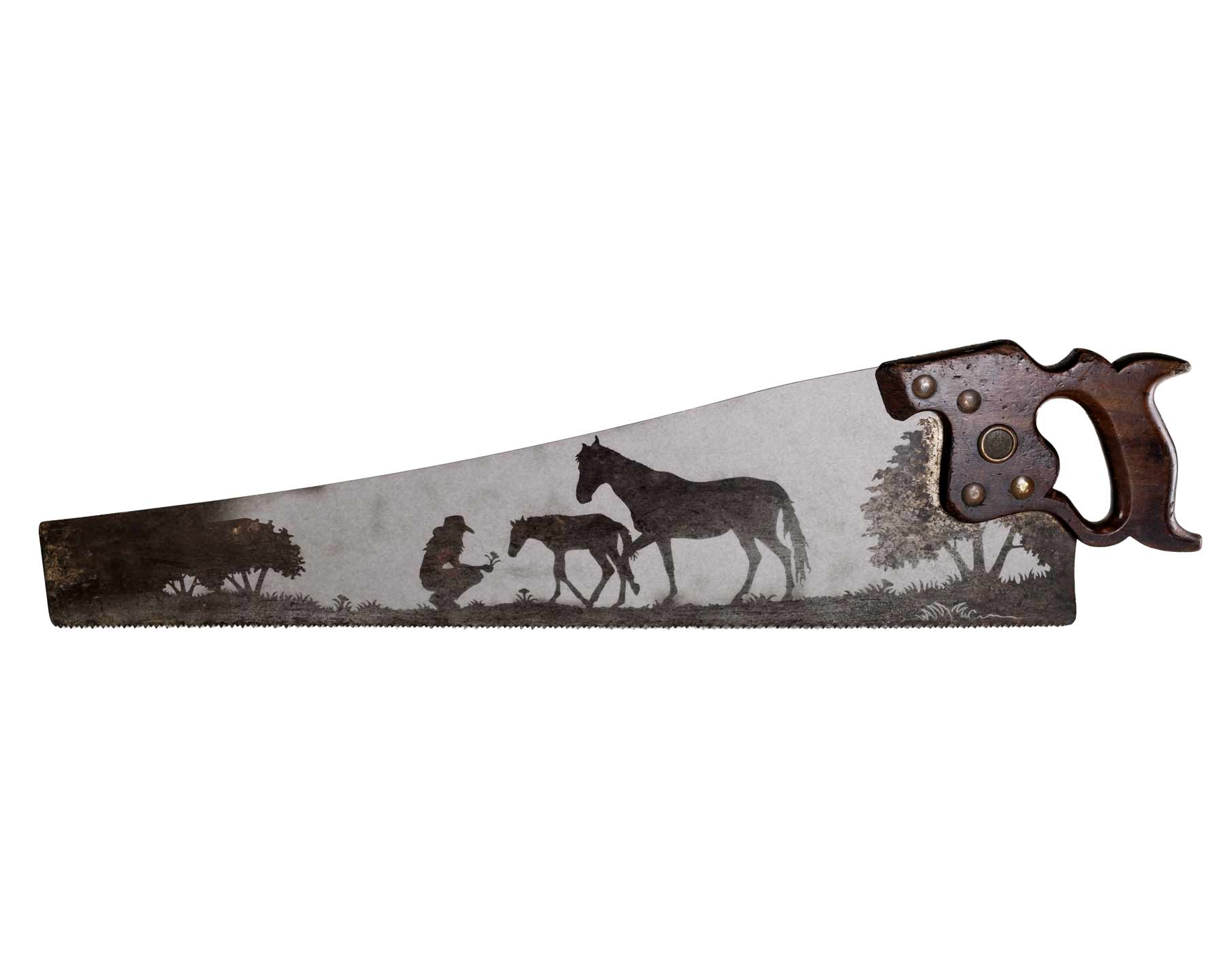 Girl with horses saw art on vintage handsaw with rustic equestrian scene