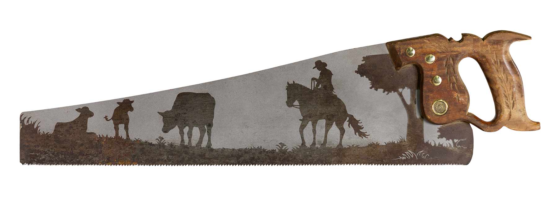 Cowboy tending cattle saw art on vintage handsaw with rustic ranch scene gift