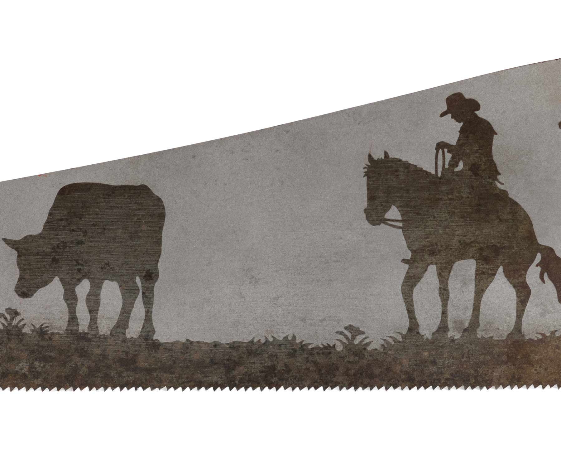 Cowboy tending cattle saw art on vintage handsaw with rustic ranch scene gift