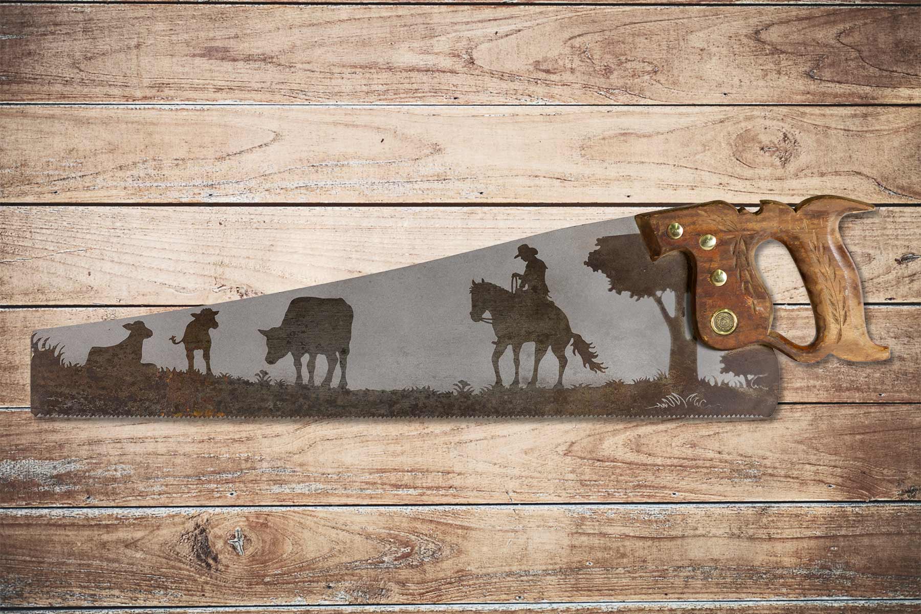 Cowboy tending cattle saw art on vintage handsaw with rustic ranch scene gift