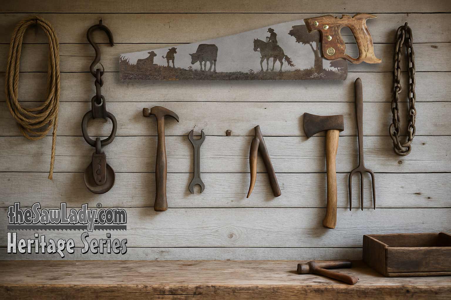 Cowboy tending cattle saw art on vintage handsaw with rustic ranch scene gift