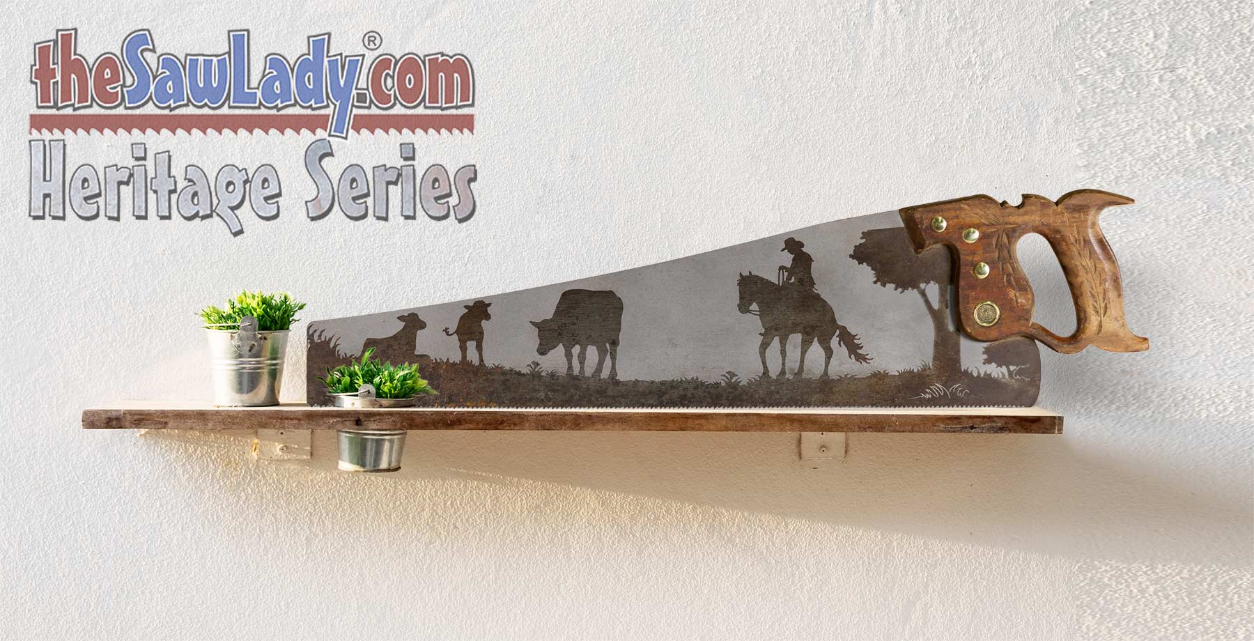 Cowboy tending cattle saw art on vintage handsaw with rustic ranch scene gift