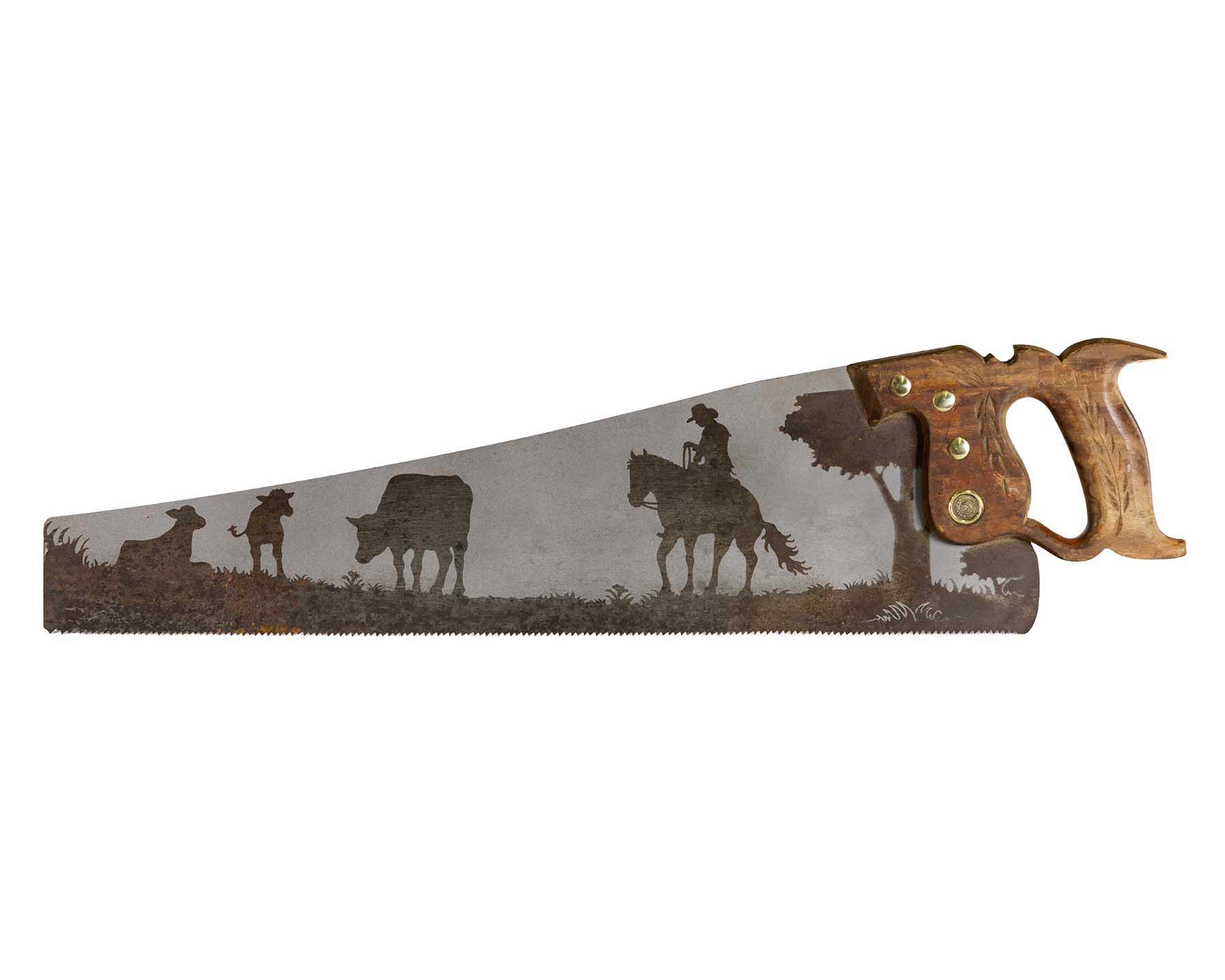 Cowboy tending cattle saw art on vintage handsaw with rustic ranch scene