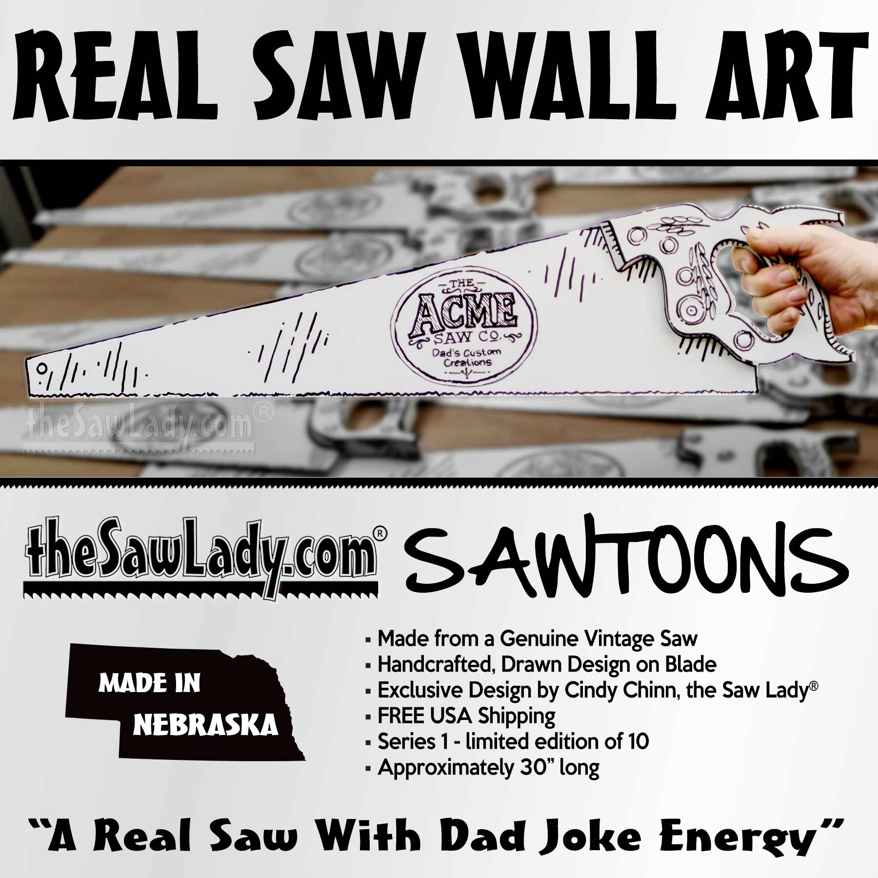 Hand-painted white vintage handsaw with black comic-style artwork, Acme Saw Co. label, and the phrase My Other Saw Is Louder, held in a hand with The Saw Lady logo in the background.
