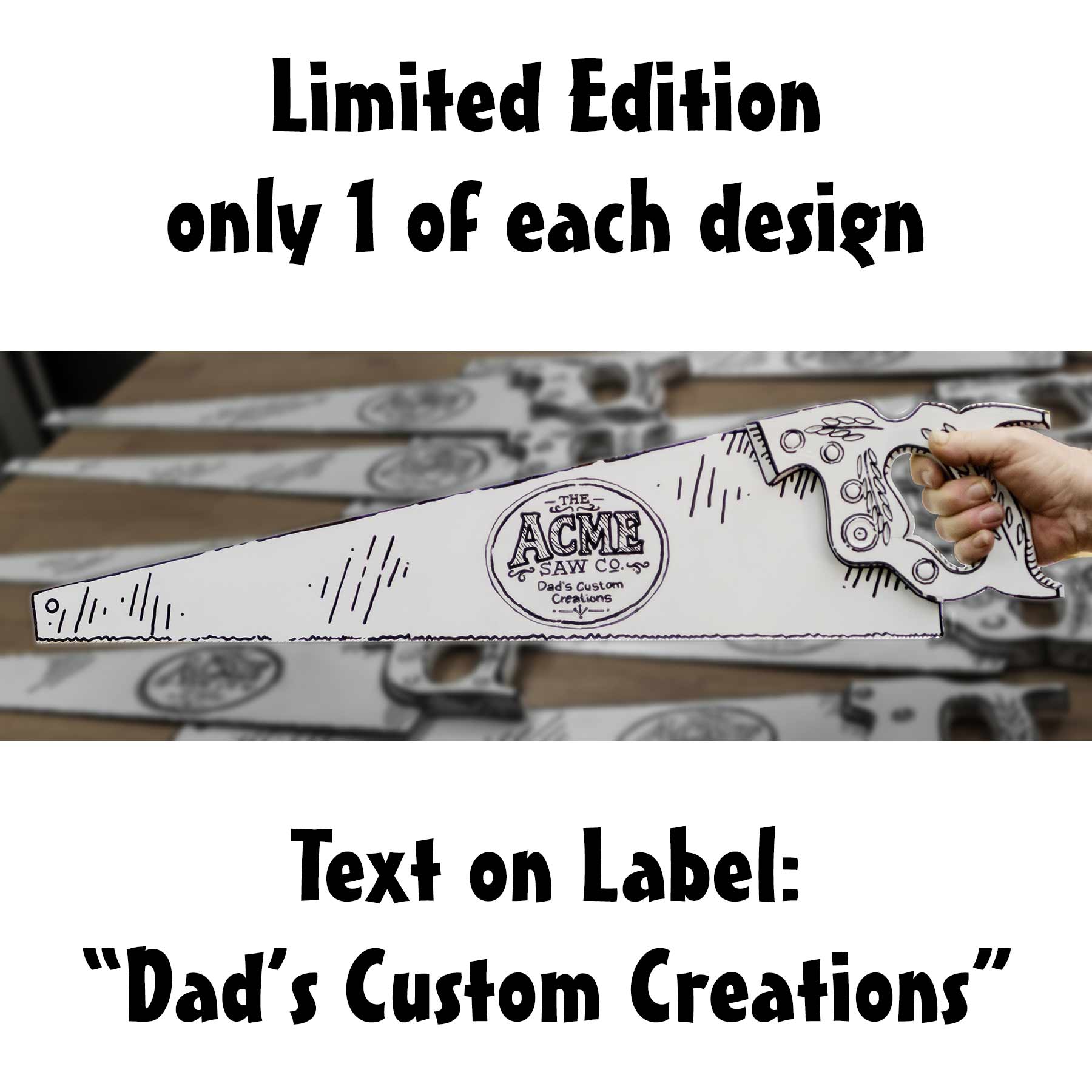 Hand-painted white vintage handsaw with black comic-style artwork, Acme Saw Co. label, and the phrase My Other Saw Is Louder, held in a hand with The Saw Lady logo in the background.