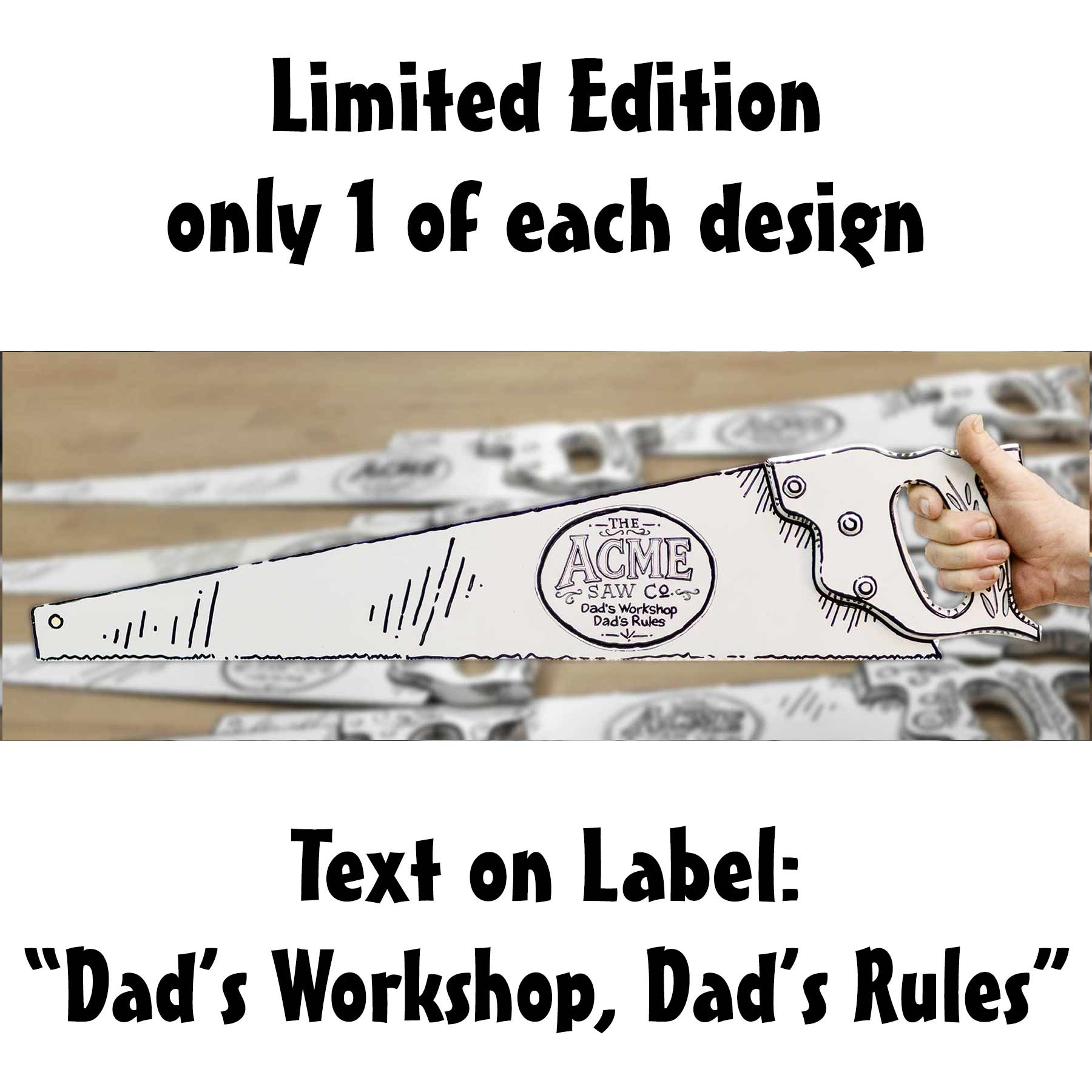 Hand-painted white vintage handsaw with black comic-style artwork, Acme Saw Co. label, and the phrase My Other Saw Is Louder, held in a hand with The Saw Lady logo in the background.