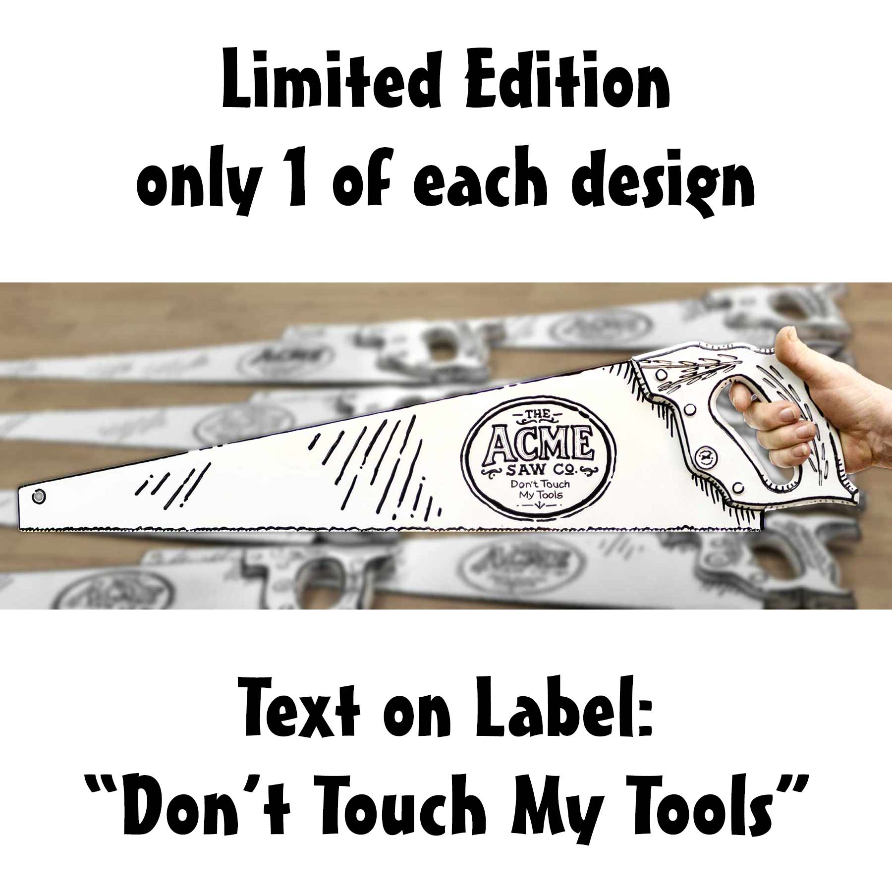 Hand-painted white vintage handsaw with black comic-style artwork, Acme Saw Co. label, and the phrase My Other Saw Is Louder, held in a hand with The Saw Lady logo in the background.