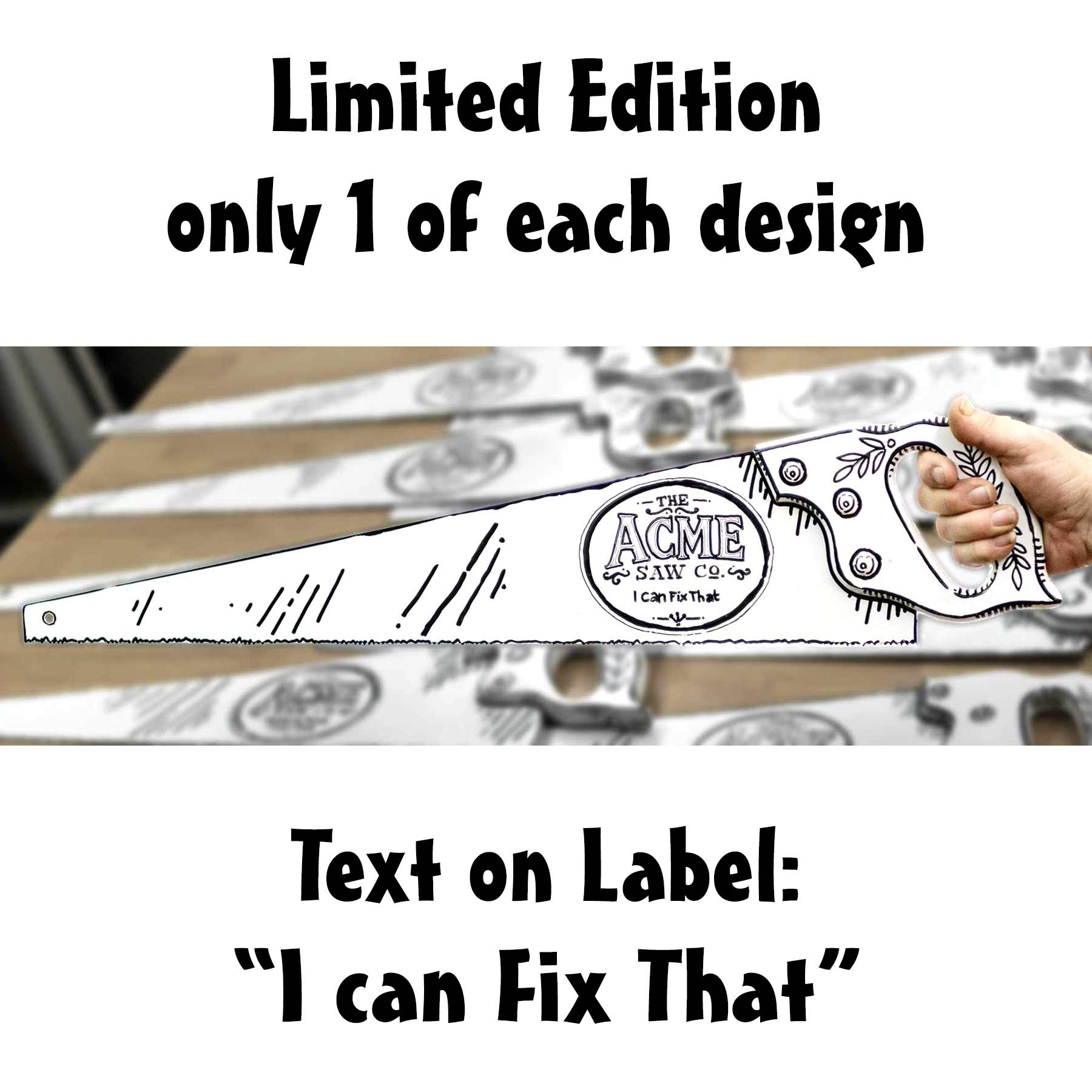 Hand-painted white vintage handsaw with black comic-style artwork, Acme Saw Co. label, and the phrase My Other Saw Is Louder, held in a hand with The Saw Lady logo in the background.