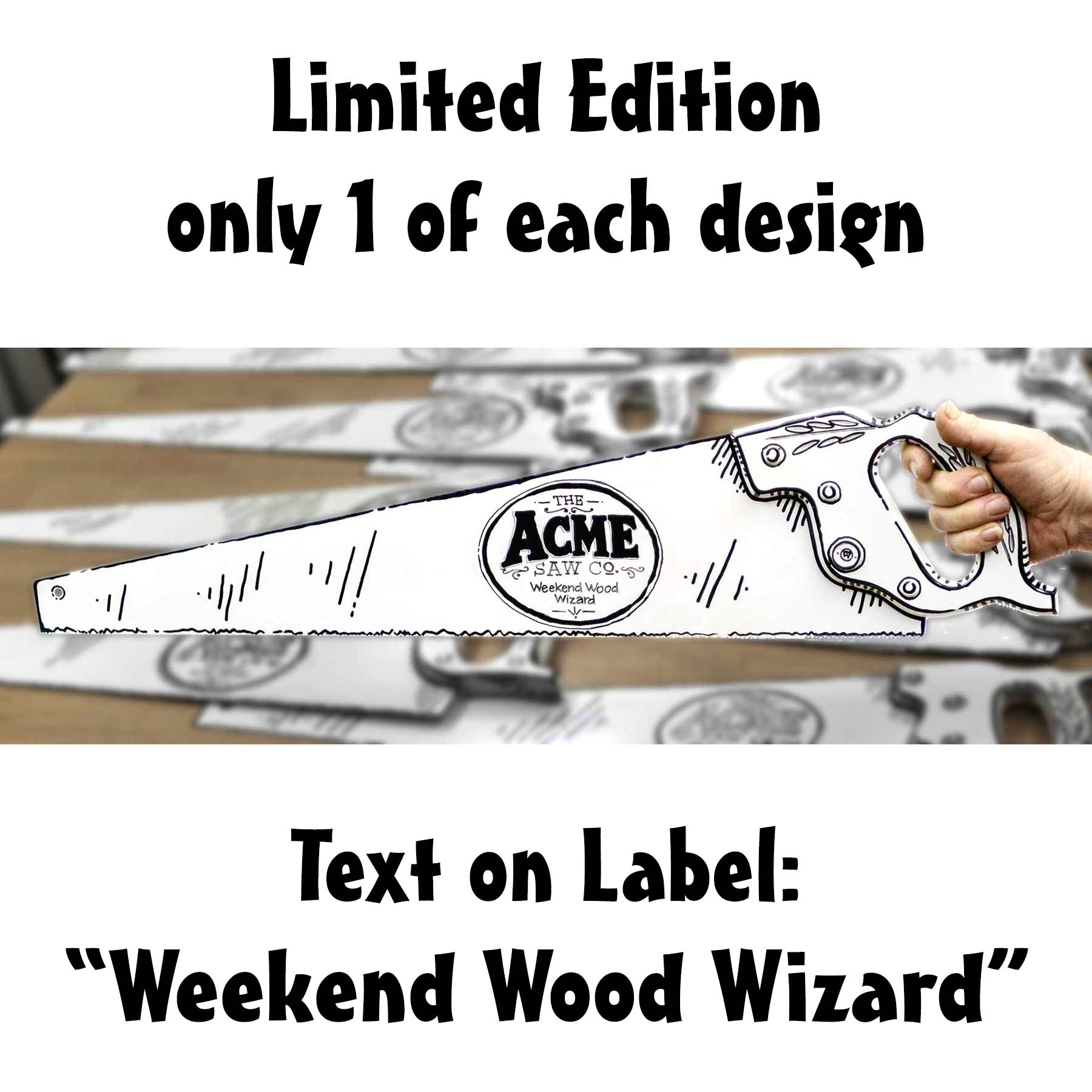 Hand-painted white vintage handsaw with black comic-style artwork, Acme Saw Co. label, and the phrase My Other Saw Is Louder, held in a hand with The Saw Lady logo in the background.