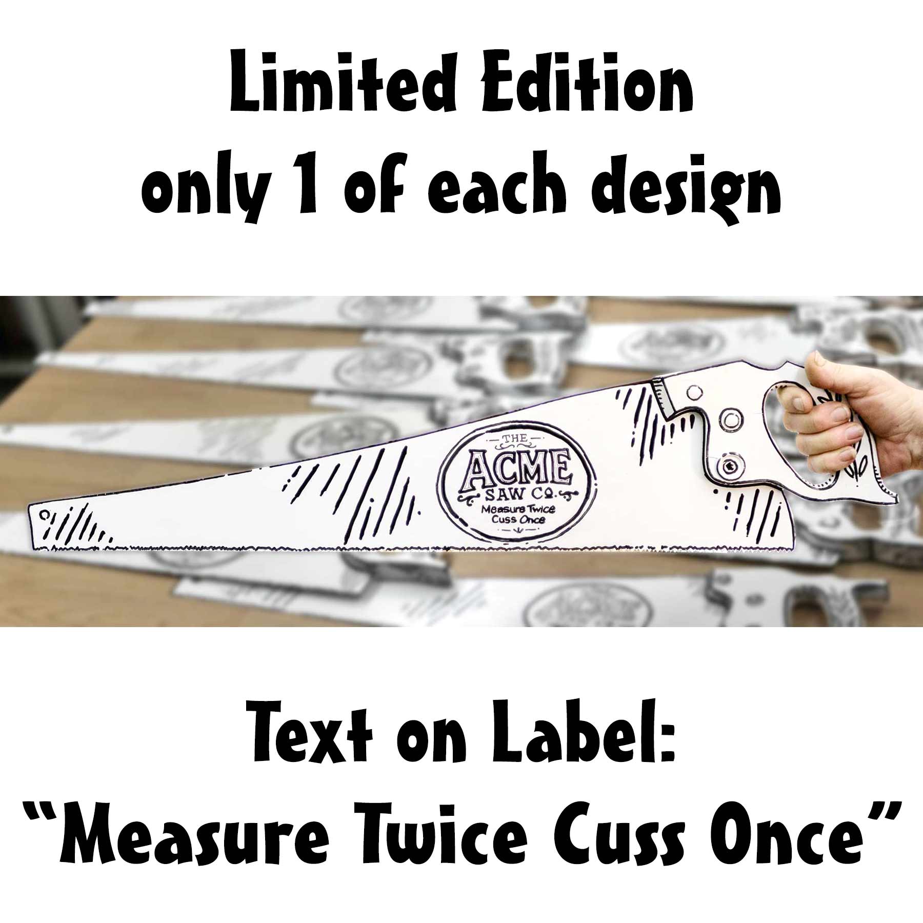 Hand-painted white vintage handsaw with black comic-style artwork, Acme Saw Co. label, and the phrase My Other Saw Is Louder, held in a hand with The Saw Lady logo in the background.