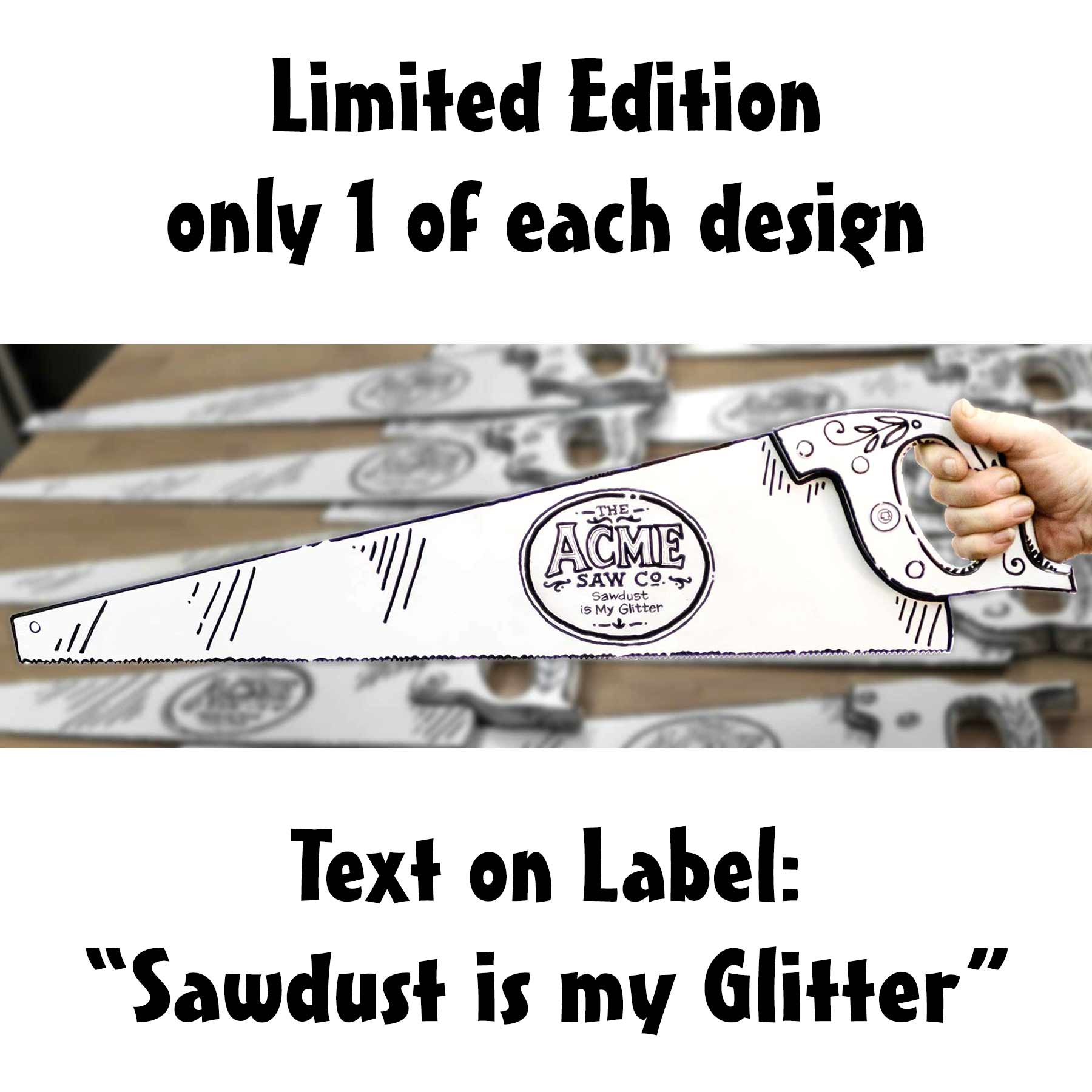 Hand-painted white vintage handsaw with black comic-style artwork, Acme Saw Co. label, and the phrase My Other Saw Is Louder, held in a hand with The Saw Lady logo in the background.